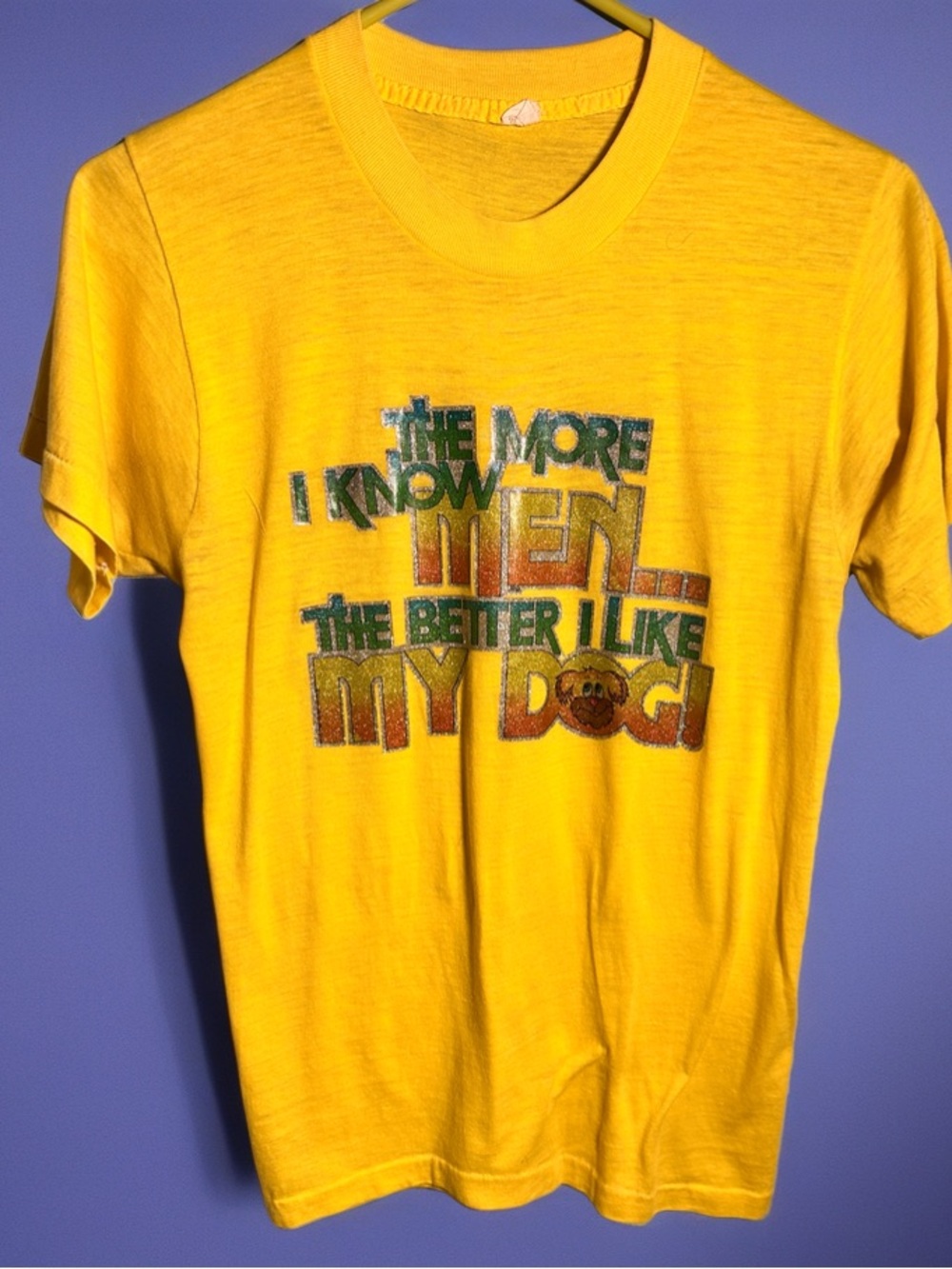 vintage 80s/90s yellow graphic tee funny dog shirt